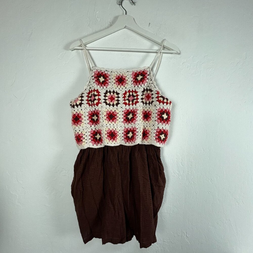 Lucky Brand Womens Square Neck Sleeveless Crochet Romper Small Boho Summer Brown